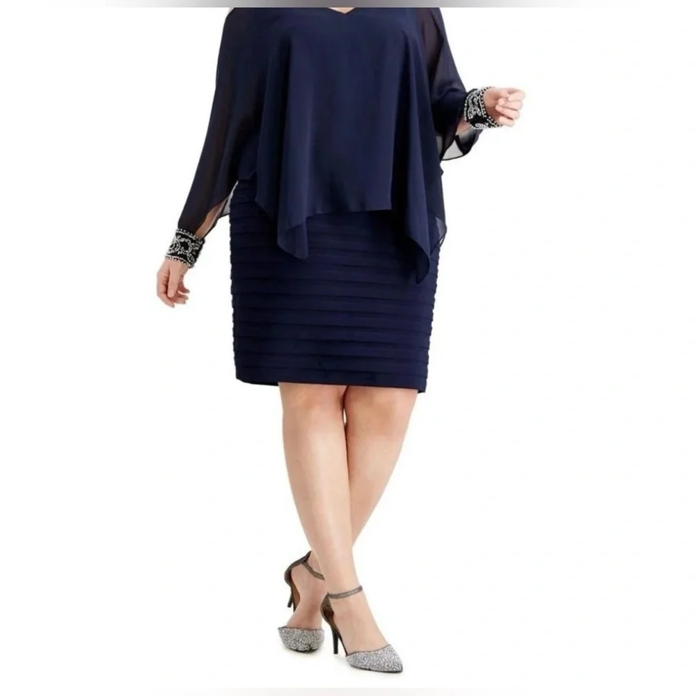Betsy & Adams Elegant Navy Silver Cold Shoulder Drop Waist Dress Plus Sizes, NEW - Picture 9 of 14